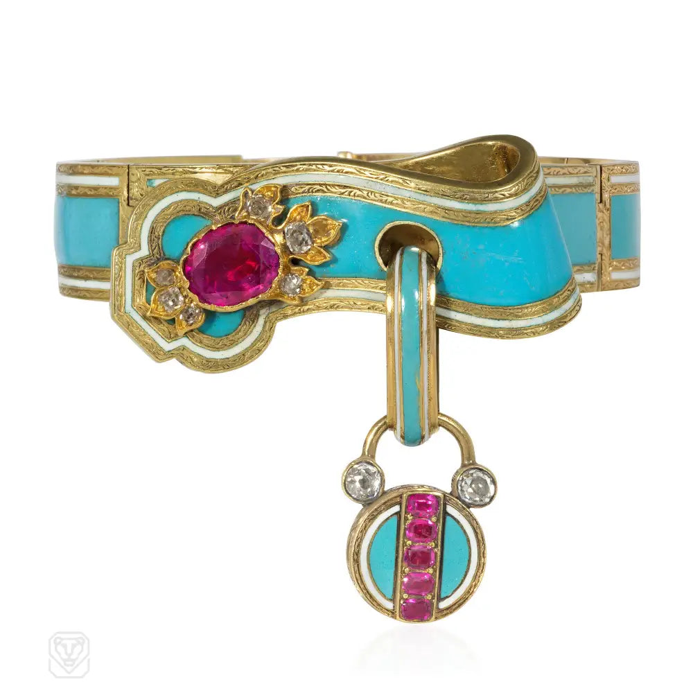 Gemstone bangle bracelets for women-Early Victorian turquoise enamel, ruby, and diamond padlock bracelet