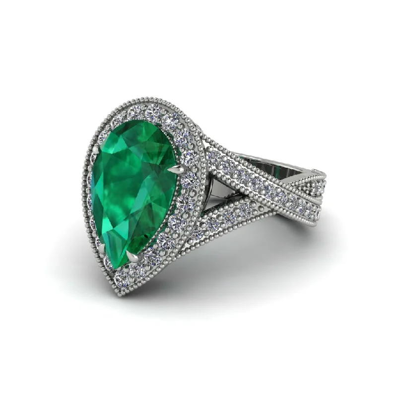 Engagement rings with rubies for women-Halo Split Shank Pear Emerald Engagement Ring - Loretta No. 6