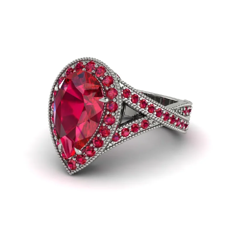 Fancy shape engagement rings for women-Halo Split Shank Pear Ruby Engagement Ring - Loretta No. 57