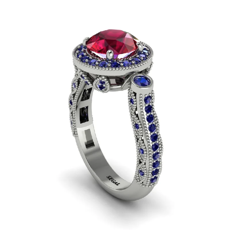 Engagement rings with modern cuts for women-Milgrain Halo Pave Ruby Engagement Ring - Mabel No. 72