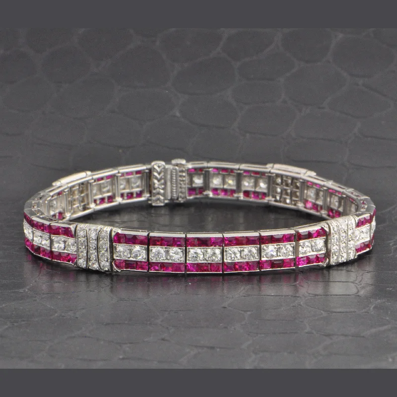 Gemstone bangle bracelets for women-Antique Tiffany & Co. Art Deco No-Heat Burmese Ruby and Old European Cut Diamond Bracelet in Platinum