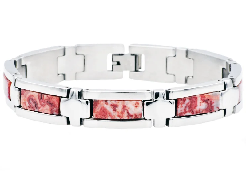 Leather bangle bracelets for women-Mens Genuine Red Lace Agate Stainless Steel Bracelet