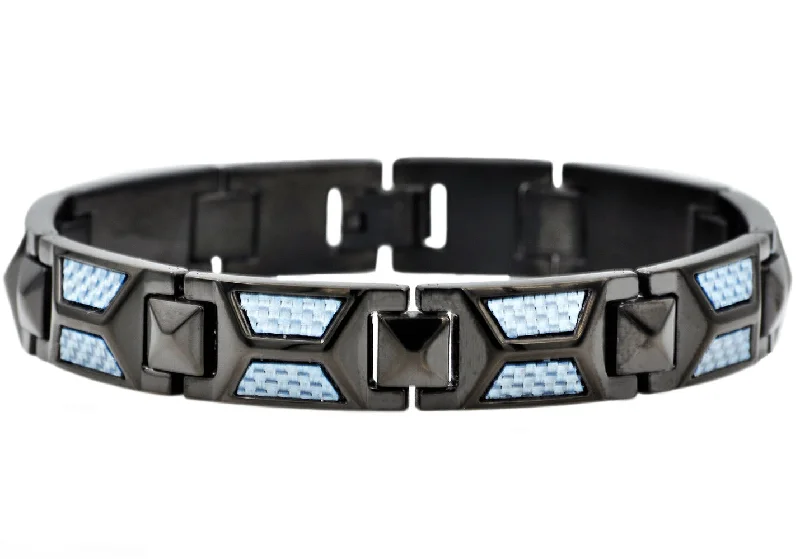 Luxury women bracelets-Mens Blue Carbon Fiber And Black Stainless Steel Bracelet