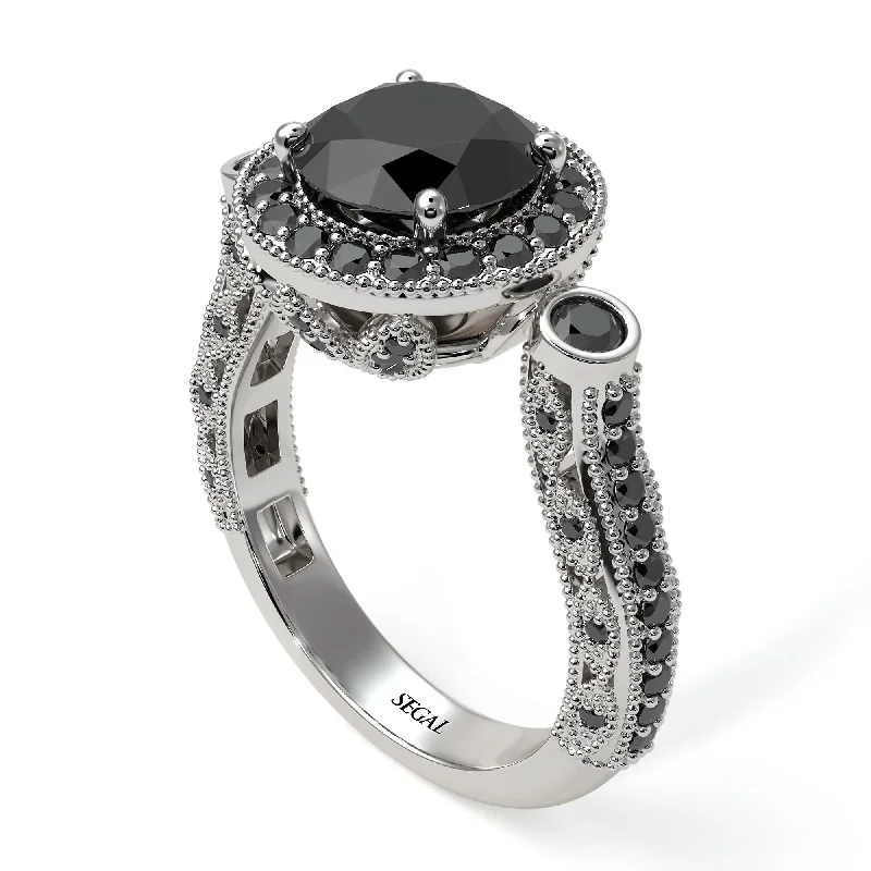 Affordable diamond engagement rings for women-Milgrain Halo Pave Black Diamond Engagement Ring - Mabel No. 39