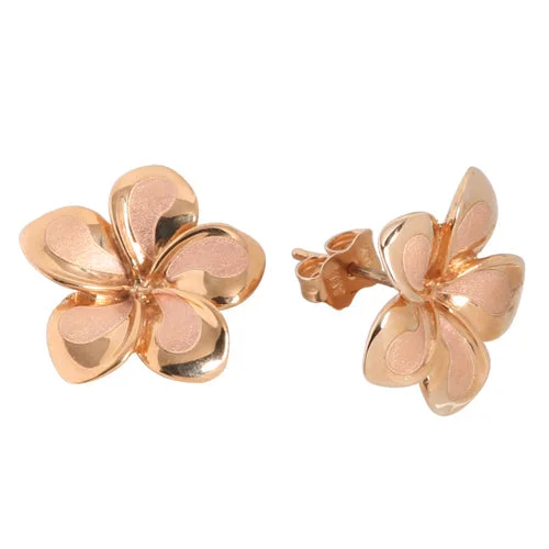 Personalized women earrings-14K Pink Gold Plumeria Post Earrings Sandblast Polish Edge (XS/S/M)