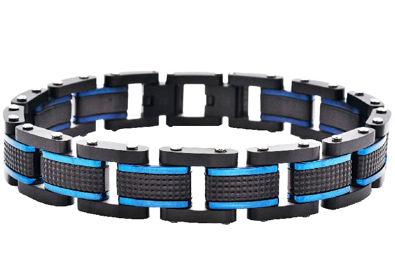 Elegant silver women bracelets-Mens Black Plated Textured Stainless Steel Bracelet With Blue Plated Lines