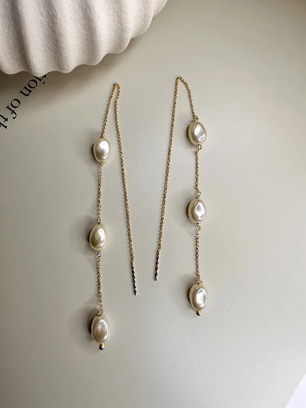 Animal-themed women earrings-Velani Jewelry Triple Baroque Pearls Threader Earrings