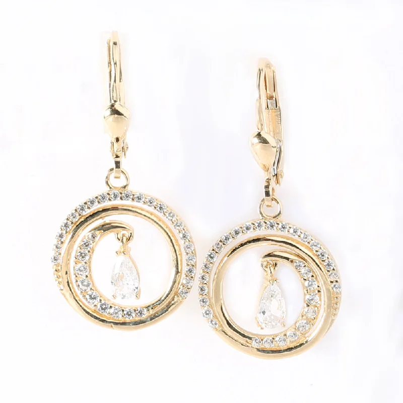 Vintage gold women earrings-14K Yellow Gold Wave in Paved CZ Inlaid Circle Lever Back Earrings