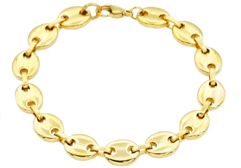 Luxury gold women bracelets-Mens Gold Stainless Steel Puff Mariner Link Chain Bracelet