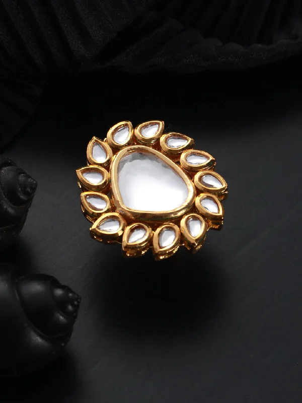 Adjustable silver women rings-Gold-Plated White Kundan-Studded Handcrafted Adjustable Finger Ring