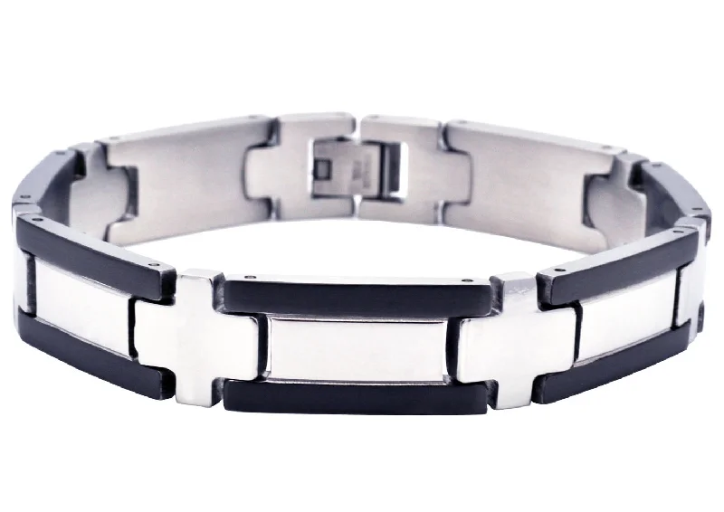 Fashion bangle bracelets for women-Mens Stainless Steel Bracelet With Black Plated Edges