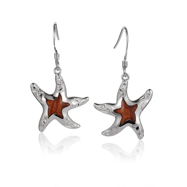 Silver women earrings-Hawaiian Jewelry Koa Wood inlaid Solid Silver hand engraving Starfish hook Earrings