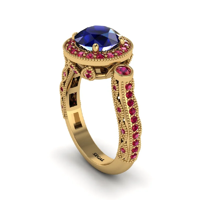 Custom engagement rings for women-Milgrain Halo Pave Sapphire Engagement Ring - Mabel No. 58