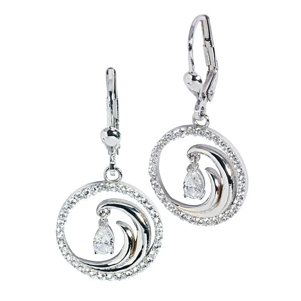 Long women earrings-14K White Gold Wave in Paved CZ inlaid Circle Lever Back Earrings