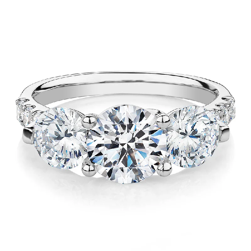 Sterling silver women rings-Three stone ring with 3.59 carats* of diamond simulants in 10 carat white gold