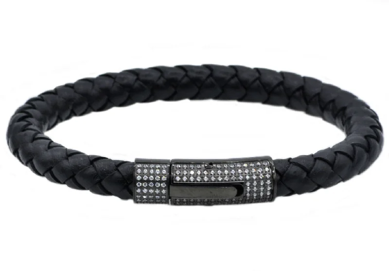 Custom women bracelets-Mens Black Leather and Black Stainless Steel Bracelet With Cubic Zirconia