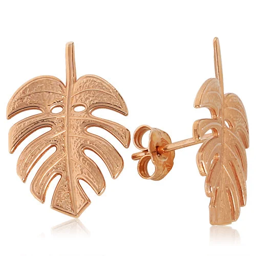 Drop women earrings-14K Pink Gold Monstera Leaf Post Earrings