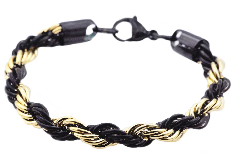 Modern bangle bracelets for women-Mens Gold And Black Stainless Steel Rope Chain Bracelet