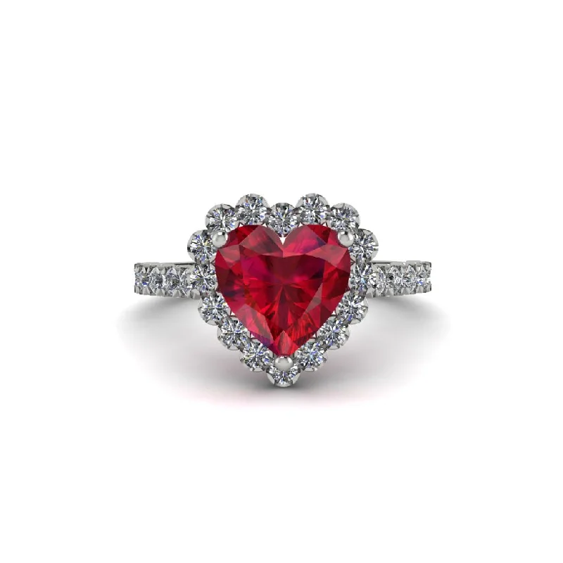 Engagement rings with blue sapphires for women-Halo Heart Ruby Pave Engagement Ring - Gail No. 12