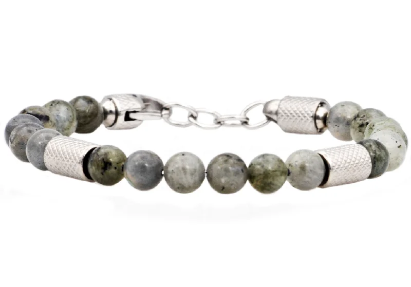 Colorful bangles for women-Mens Genuine Labradorite Stainless Steel Beaded Bracelet