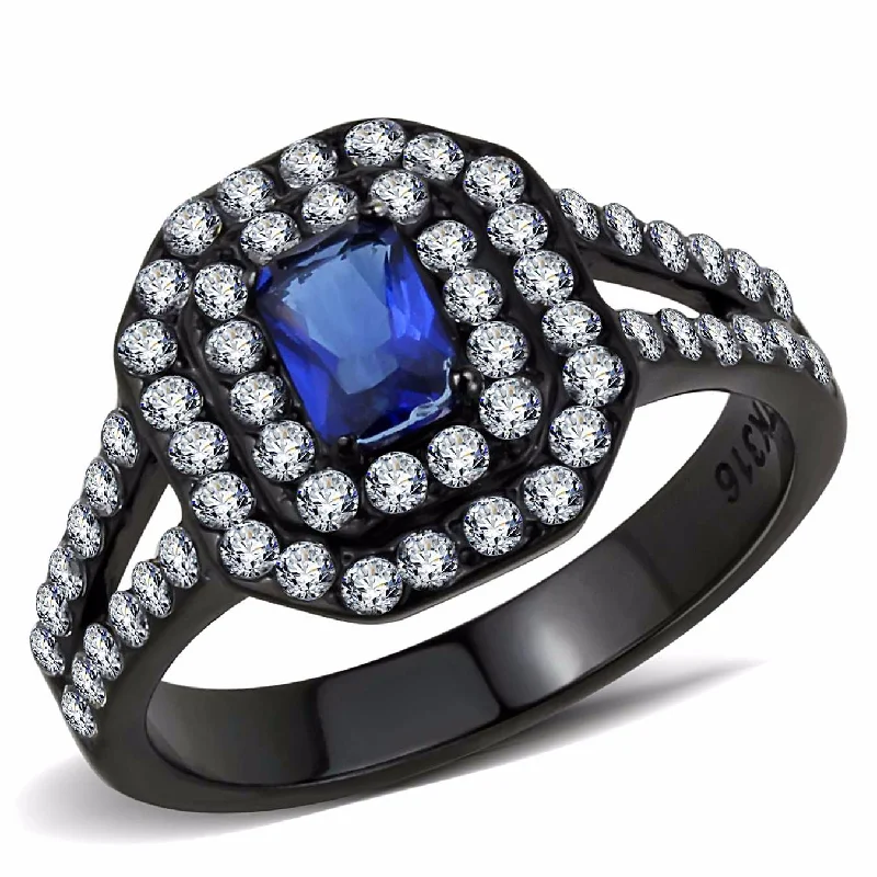 Simple engagement rings for women-6x4mm Emerald Cut Deep Blue Sapphire CZ Black IP Stainless Steel Engagement Ring