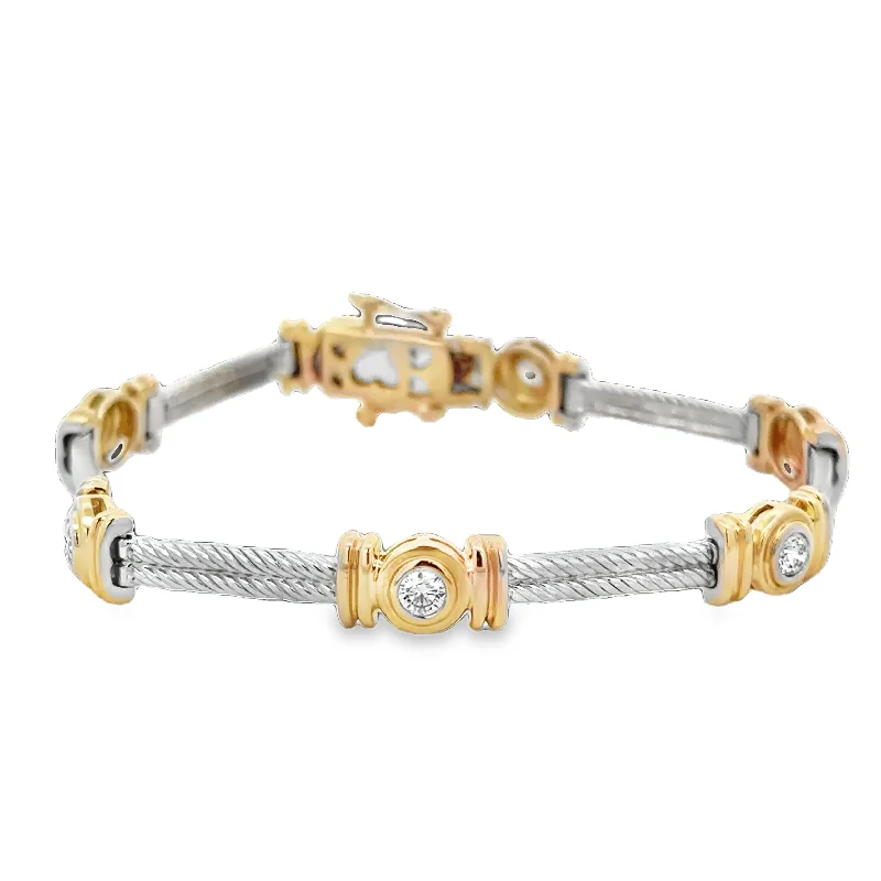 Rose gold women bracelets-Two Tone Diamond Bezel Bracelet in 14k Gold