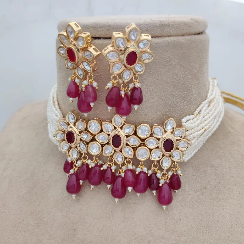 Multi-layer women necklaces-Jewel Addiction Gold Plated Polki Kundan Pearl And Beads Choker Necklace Set