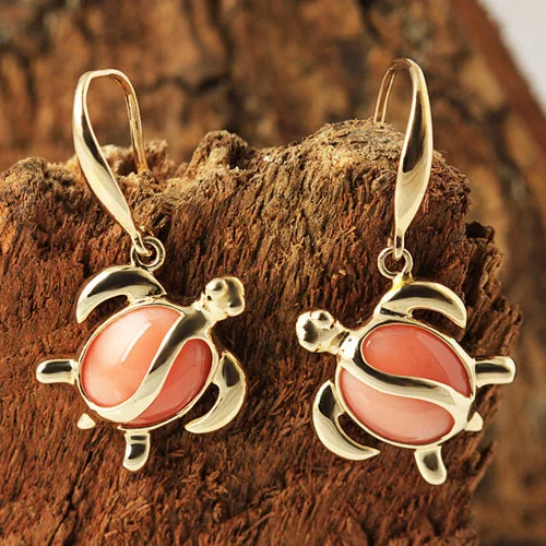 Elegant women earrings-14K Yellow Gold Pink Coral Inlaid Honu (Hawaiian Turtle) Hook Earrings