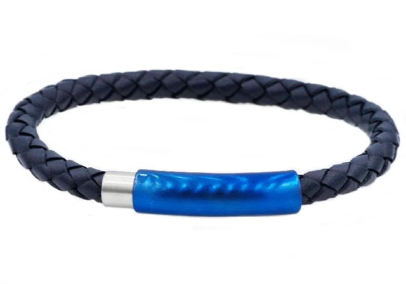 Modern women bracelets-Mens Blue Leather And Blue Stainless Steel Bracelet