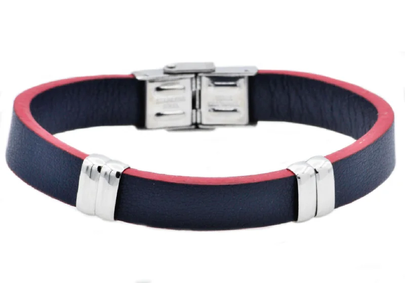 Modern women bracelets-Mens Blue And Red Leather Stainless Steel Bracelet