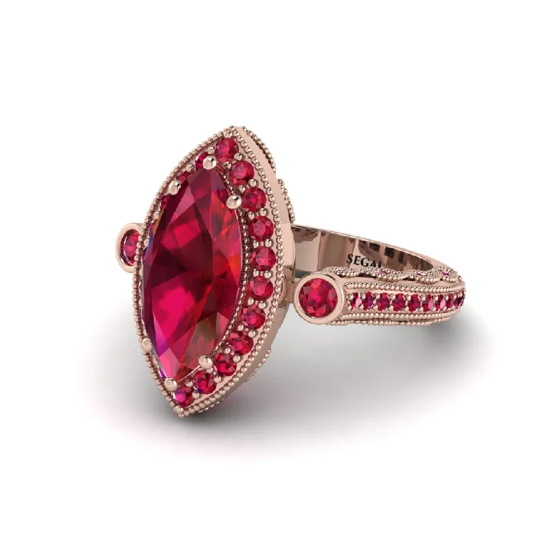 Engagement rings with colored diamonds for women-Milgrain Halo Marquise Ruby Engagement Ring - Noreen No. 56