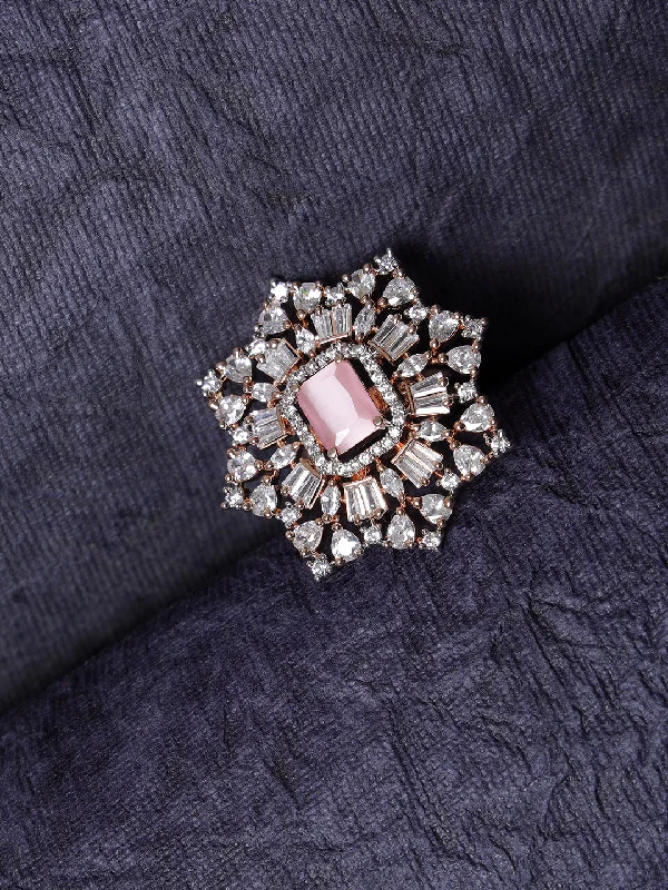 Elegant women rings-Rose Gold-Plated Pink Ruby & White Ad-Studded Handcrafted Adjustable Finger Ring