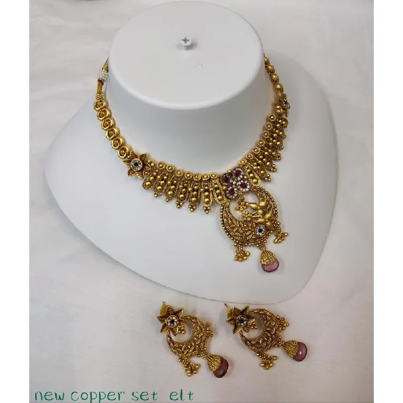 Custom birthday women necklaces-Akruti Collection Copper Gold Plated Pota Stone Necklace Set