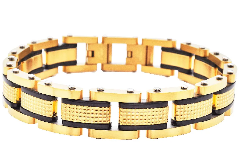 Sparkling women bracelets-Mens Gold Textured Stainless Steel Bracelet With Black Plated Lines