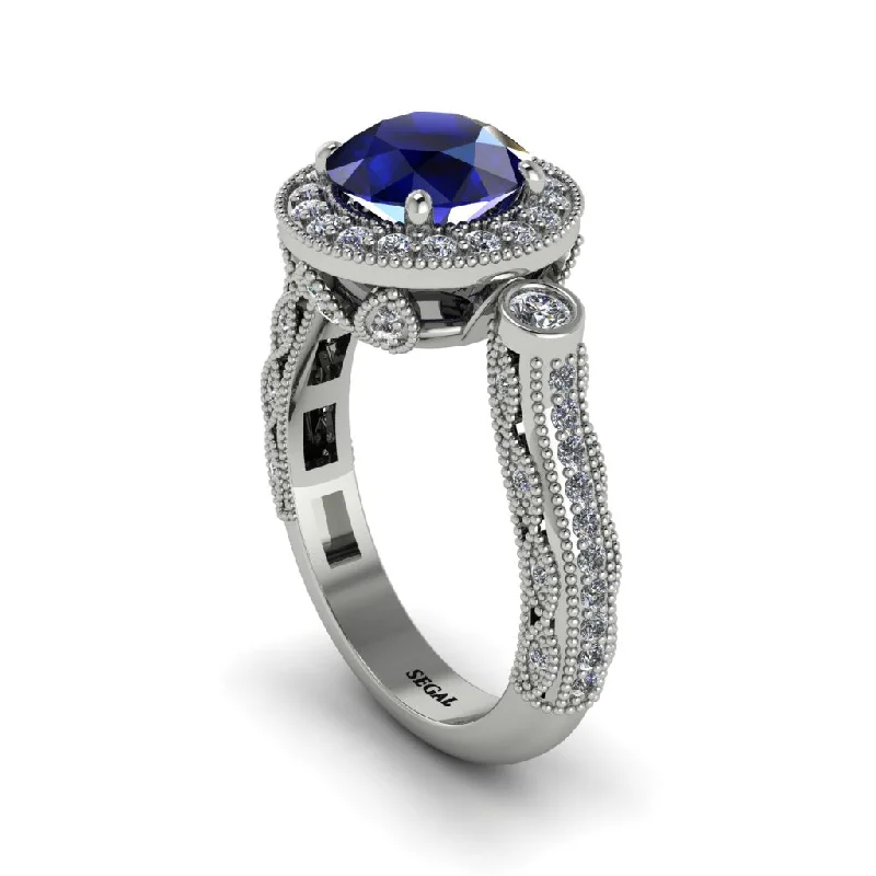 Engagement rings with oval diamonds for women-Milgrain Halo Pave Sapphire Engagement Ring - Mabel No. 15