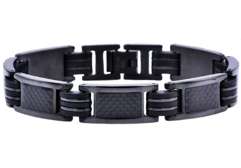 Gold women bracelets-Mens Black Silicone And Black Plated Stainless Steel Bracelet With Carbon Fiber