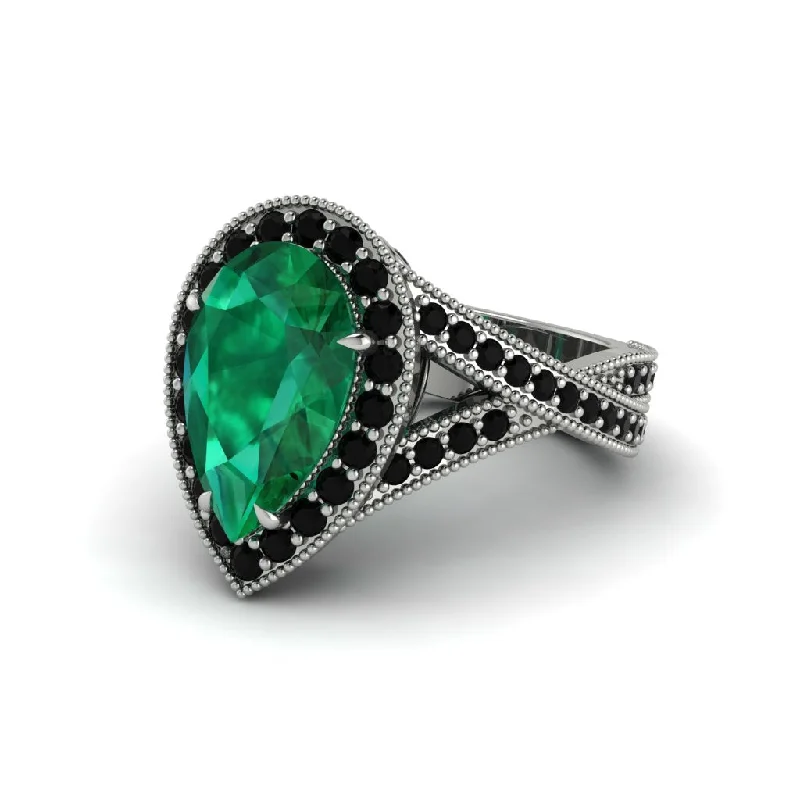 Engagement rings with multi-stone designs for women-Halo Split Shank Pear Emerald Engagement Ring - Loretta No. 36