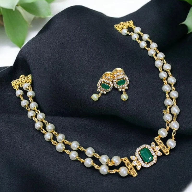 Single gemstone women necklaces-Sona Creation Gold Plated AD Stone And Pearls Necklace Set