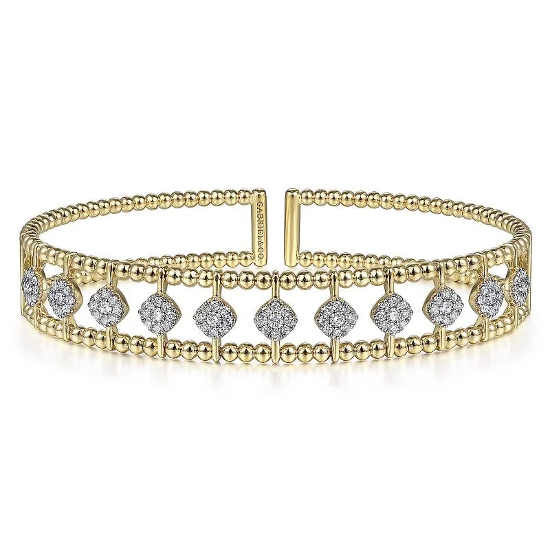 Gold women bracelets-14K Yellow Gold Bujukan Bead Cuff Bracelet with Pave Diamond Connectors