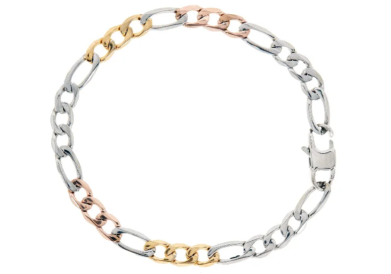 Statement women bracelets-Mens Tricolor Rose and Yellow Gold Stainless Steel Figaro Link Chain Bracelet