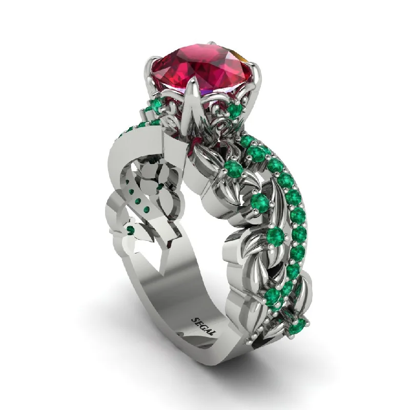 Engagement rings with halo and side stones for women-Round Floral Cathedral Ruby Engagement Ring - Lindsay No. 27